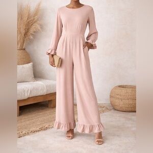 Veiled Long Sleeve Wedding Guest Formal Wide Leg Jumpsuit in Blush Pink